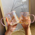 Girl Heart Bubble Starry Sky Cup Star Sequin Double Wall Glass Handle Heat-resistant Milk Kawaii Cute Coffee Mug. 