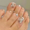 24P Toenails With Glue French Line Glitter False Toe Nails Art Detachable Press On Toenails Acrylic Butterfly ToeNails Tips.