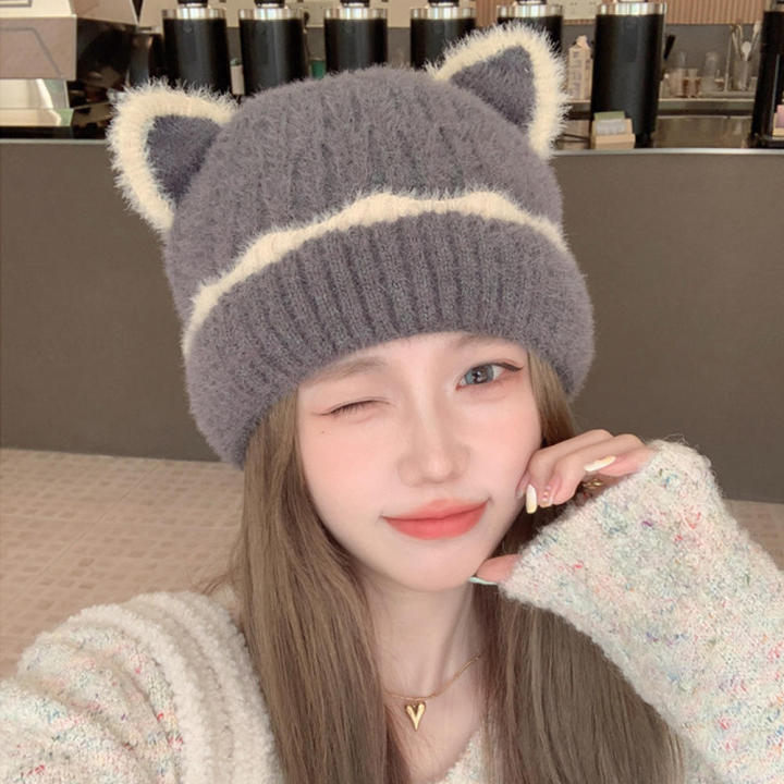 Plush Women'S Beanie Stylish Faux Warm Knitted Hat Wool Cap for Fall Winter Outdoor K-Pop Fans Women'S Fashion