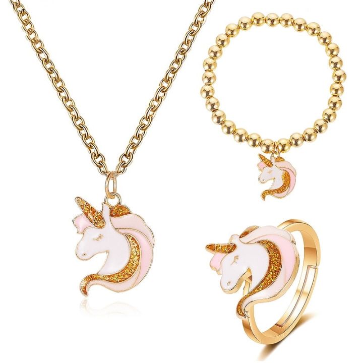 LATS New Cartoon Jewelry Set Cute Unicorn Necklace Bracelet