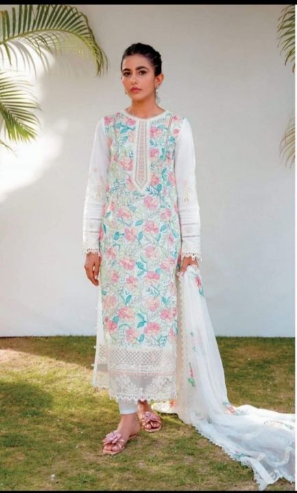 QALAMKAR QLINEKARI Chickenkari Embroidered with Embroidered Chiffon Dupatta  Pakistani Dress  Salwar Kameez  Three Piece - Latest Three Piece Dress Collection.