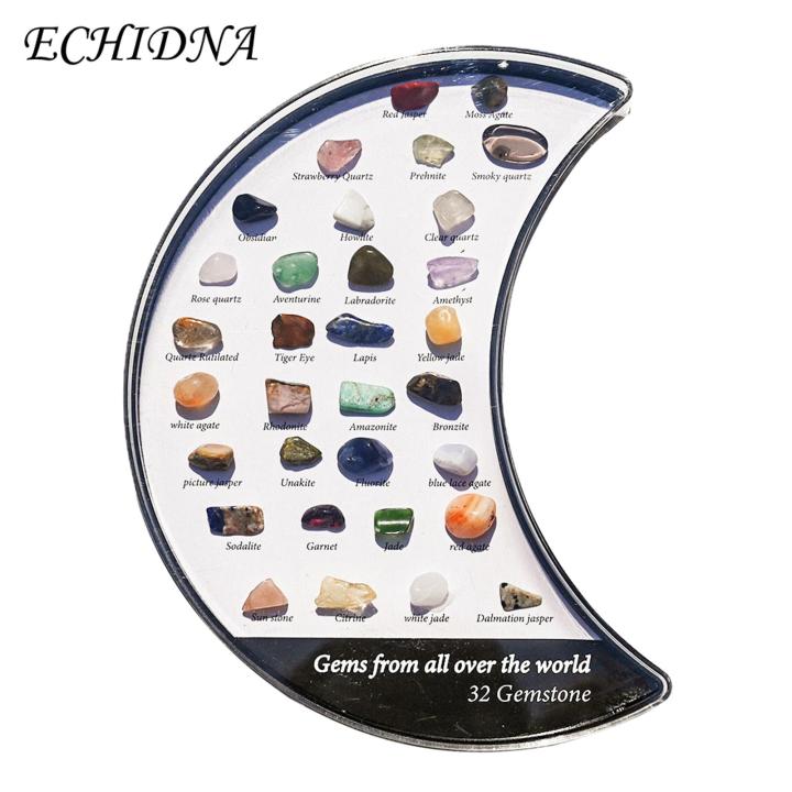 Natural Stone Collection Box 32-piece Assorted Faux Gemstone Kit Moon Shape Natural Stone Box Educational Mineral Learning Display Perfect Gift for Stone Collectors Natural Stone Storage Box