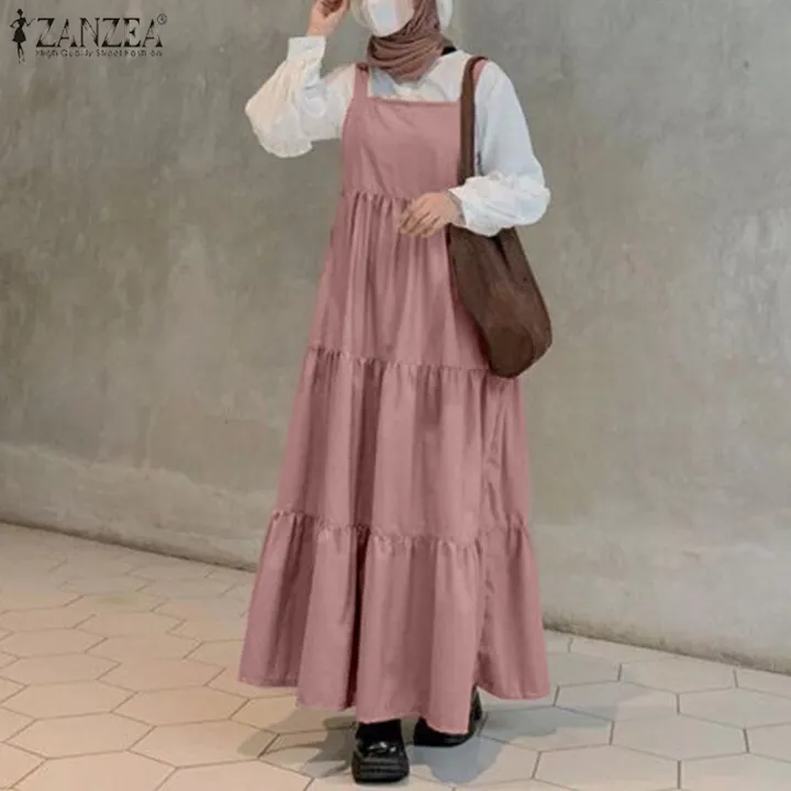 ZANZEA%20Muslimah%20Women%20Muslim%20Sleeveless%20Square%20Neck%20Pinafores%20Dress%20Tiered%20Party%20Swing%20Sundress%20-%20Image%202