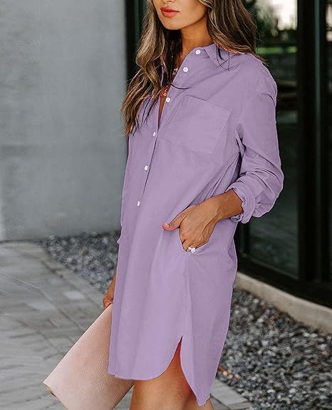 Womens%20Button%20Down%20Shirt%20Dresses%20with%20Pockets%20Cotton%20Button%20Up%20Tunics%20Long%20Sleeve%20Solid%20High%20Low%20Blouse%20Tops%20For%20Summer%202025.%20-%20Image%202
