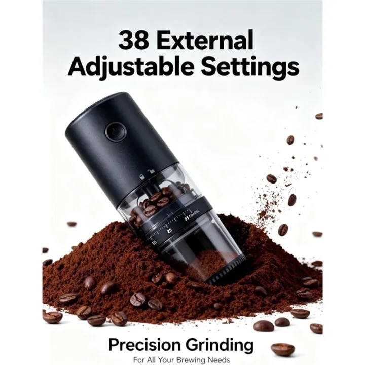 Portable%20Electric%20Burr%20Coffee%20Grinder,Grind%20While%20Charging,Visual%20Bean%20Hopper,38%20External%20Grind%20Settings,for%20Travel%20-%20Image%205