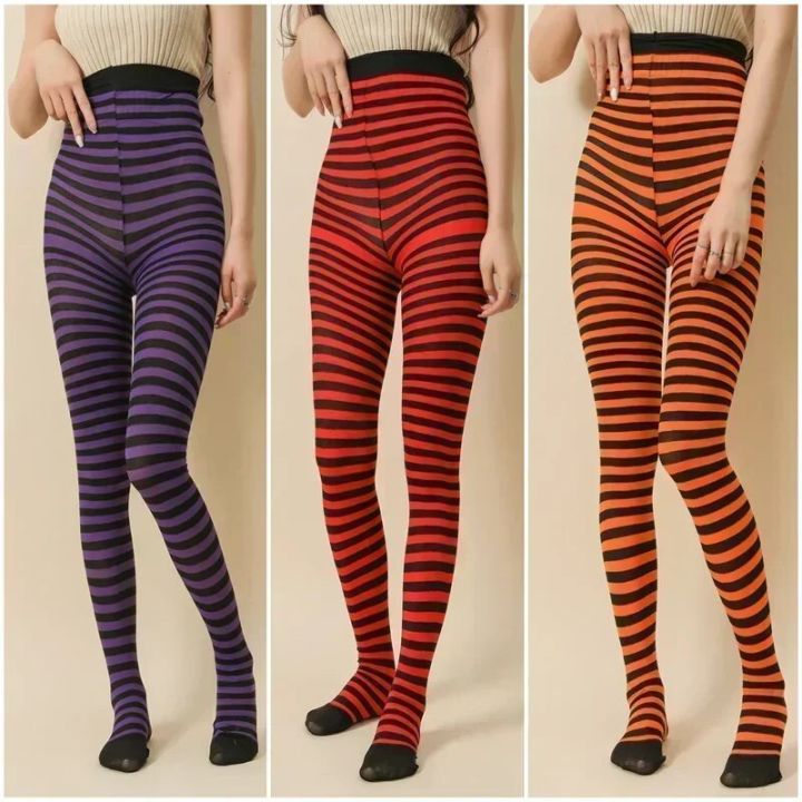 Goth Punk Women Striped Pantyhose Rainbow Long Tights Christmas High Waist Cosplay Stocking Elastic Slim Legging Long Socks