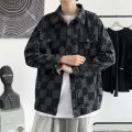Korean Style Men Graphic Jean Jacket Mens Fashion Checkerboard Plaid Denim Jacket Spring and Autumn Loose crago Jackets. 
