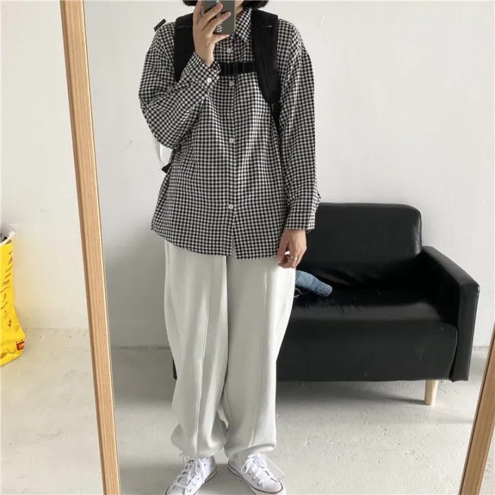 Black%20and%20White%20Plaid%20Shirt%20Female%20Spring%20and%20Autumn%20Fashion%20Thin%20Student%20Loose%20Long%20Sleeve%20Hong%20Kong%20Style%20Retro%20Design%20Sense%20All-Matching%20Shirt%20-%20Image%205
