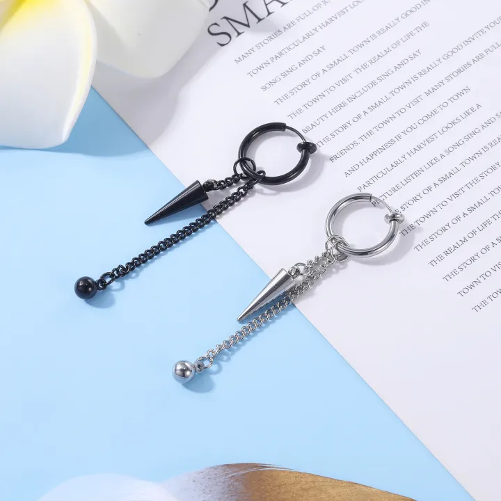 ZS%201PC%20Punk%20Black%20Dangle%20Earring%20Stainless%20Steel%20Tassel%20Chain%20Earring%20Men%20Women%20Korean%20Ear%20Clip%20Piercing%20Boy%20Drop%20Earring%20-%20Image%206