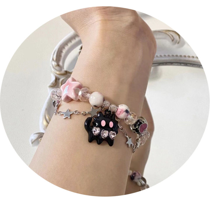 Funny cat bracelet women's simple crystal beads string bracelet ins hot design cartoon animal jewelry for women