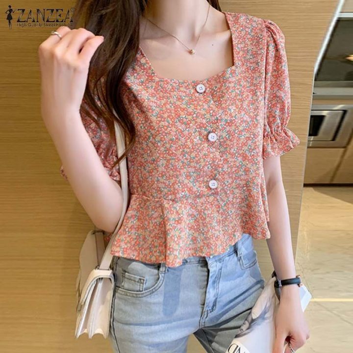ZANZEA%20Korean%20Style%20Women%20Holiday%20Floral%20Printed%20Shirt%20Romantic%20Puff%20Sleeve%20Crop%20Blouse%20Tops%20-%20Image%204