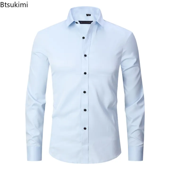 New%202023%20Men's%20Long%20Sleeve%20Dress%20Shirts%20Anti-Wrinkle%20No-Ironing%20Elasticity%20Slim%20Fit%20Men%20Social%20Formal%20Shirts%20Solid%20Camisas%20Male%20-%20Image%204