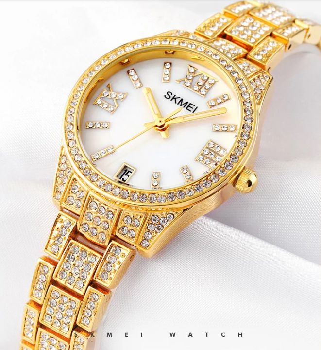 Skmei 1741 Stainless Steel Luxury Watches For Women- Golden & White