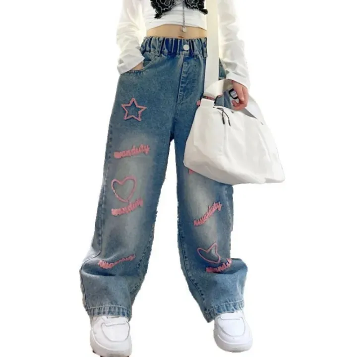 New%202024%20Spring%20Teenagen%20Girls%20Jeans%20Stars%20Love%20Towel%20Embroidered%20wide%20Leg%20Long%20pants%20Baggy%20Denim%20Trousers%20for%204-13yrs%20Kids%20Girl%20-%20Image%206