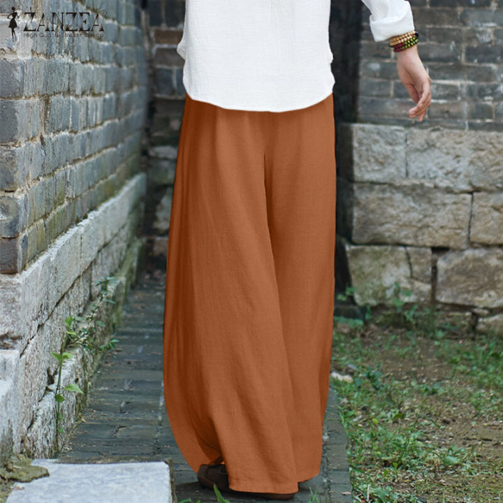 ZANZEA%20Women%20Cotton%20Linen%20Wide%20Leg%20Long%20Pants%20Solid%20Elastic%20Waist%20Loose%20Casual%20Trousers%20-%20Image%202