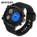 SANDA-LED Sports Digital Watches for Men, Waterproof Electronic Wristwatch, Three Displays, Quartz Watch, Alarm Clock, 3002, 50m.