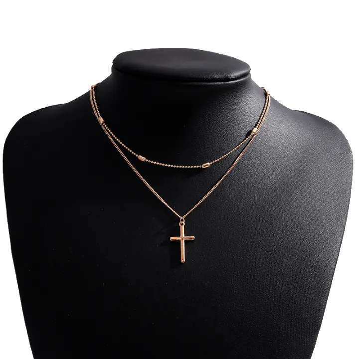 Women's%20jewelry%20necklace%20women's%20gold%20and%20silver%20retro%20cross%20pendant%20color%20multi-layer%20oval%20bead%20chain%20necklace%20simple%20-%20Image%204