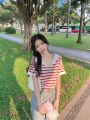 Summer Sweet Japanese Sailor Collar Ice Silk Stripes Knitted Short Sleeve T T-shirt Design Hot Girl Casual Top.