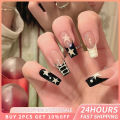 Superman 24pcs White Black Nails Long Square Y2k Style Press On Nail Tips Wearable Full Cover False Nails Wearing Finished Nail Arts. 