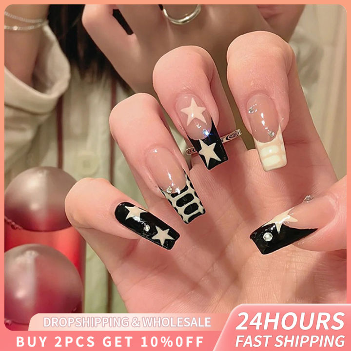 Superman 24pcs White Black Nails Long Square Y2k Style Press On Nail Tips Wearable Full Cover False Nails Wearing Finished Nail Arts