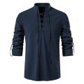 Men's White Shirts Spring Autumn V-neck Top Casual Shirt Man Blouse Long Sleeve Cotton Linen Shirts Viking Front Lace Up Chemise. 