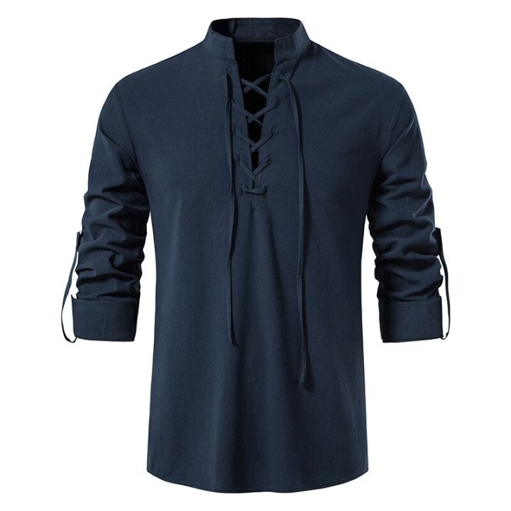 Men's%20White%20Shirts%20Spring%20Autumn%20V-neck%20Top%20Casual%20Shirt%20Man%20Blouse%20Long%20Sleeve%20Cotton%20Linen%20Shirts%20Viking%20Front%20Lace%20Up%20Chemise%20-%20Image%207