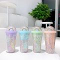 Plastic Cup Double Layer With Straw Net Red Ins Water Cup Girl Home Office Breakfast Milk Juice Cup. 