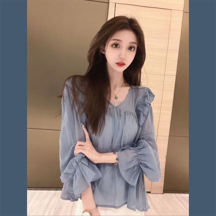 Ruffled%20Chiffon%20Shirt%20for%20Women%20Spring%20and%20Autumn%20New%20French%20Style%20Large%20Size%20Loose%20Slimming%20Slim-Fit%20Younger%20V%20Collar%20Pullover%20Top%20-%20Image%202