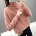 Winter Women Pullover Sweater Fashion Half Turtleneck Knitted Jumper Loose Imitation Mink Velvet Knitted Sweater Femme Tops T93. 