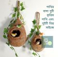 One Hanging Bird Nest with two birds & plant for home and garden decor. Babui Pakhir Basha  of 02 size, ( Height with hanging rope15 inch & 14 inch )।. 