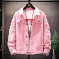 Pink Denim Jacket Spring and Autumn Couple Coat Male Student Korean Style plus-Sized Workwear Ripped Denim Jacket Male. 