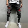 Men Jeans Knee Hole Ripped Stretch Skinny Denim Pants Beggar Patches Black Blue Spring Autumn Hip-Hop Style Slim Fit Trousers.