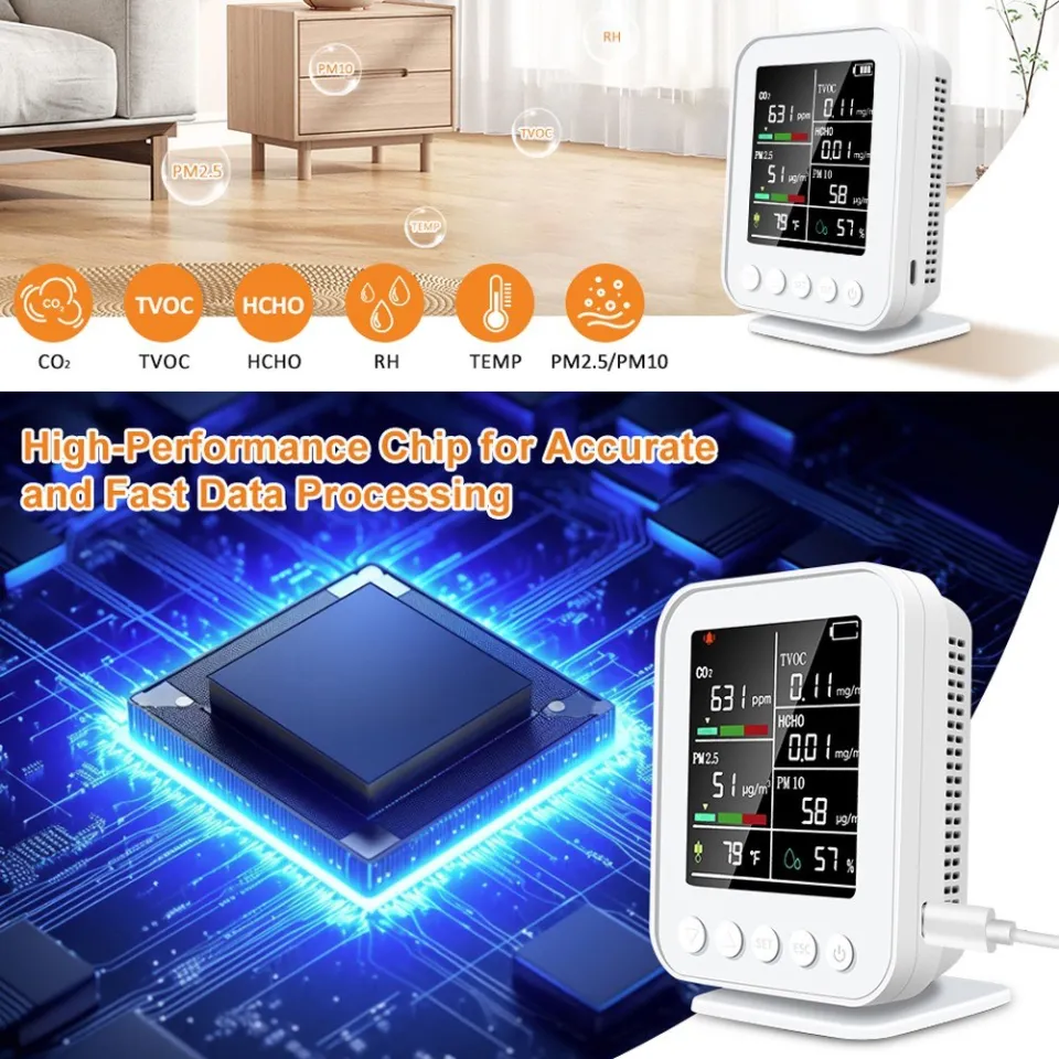Air Quality Meter 7in1 PM2.5 CO2 TVOC HCHO Temperature Humidity Tester App Control With Calendar Alarm Function High Precision Sensors-1041167