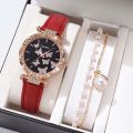 2pcs Women's Quartz Wristwatch and Bracelet Waterproof Leather Strap Ladies Watches Butterfly Dial Girl Casual Watch.