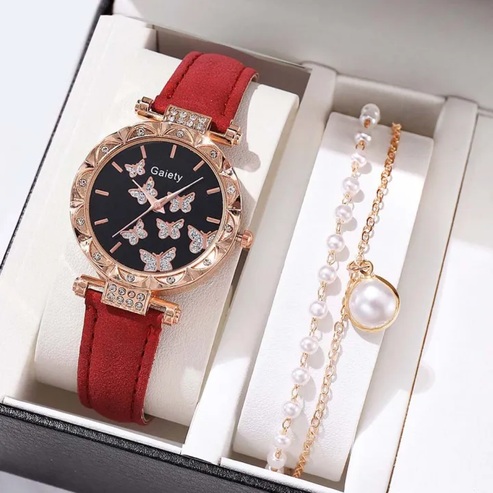 2pcs%20Women's%20Quartz%20Wristwatch%20and%20Bracelet%20Waterproof%20Leather%20Strap%20Ladies%20Watches%20Butterfly%20Dial%20Girl%20Casual%20Watch%20-%20Image%204