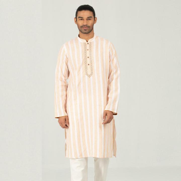 Classic Fit Embro Panjabi - Orange & White