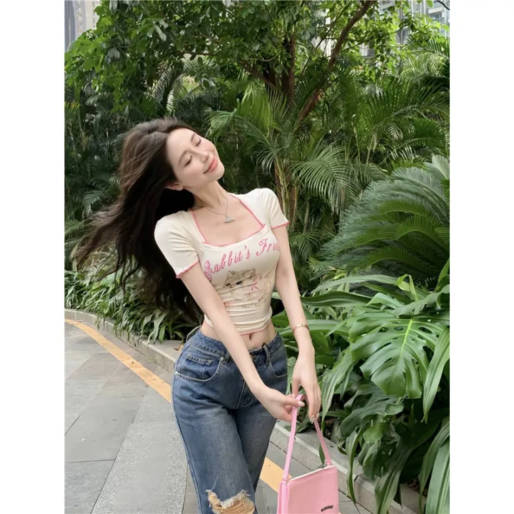 Cream%20Cute%20Cat%20Printed%20Waist-Controlled%20Soft%20Glutinous%20Short%20T%20T-shirt%20Women's%20Slim-Fit%20Short-Sleeved%20Contrast%20Color%20Sweet%20Cool%20Hot%20Girl%20Square%20Collar%20Top%20-%20Image%204