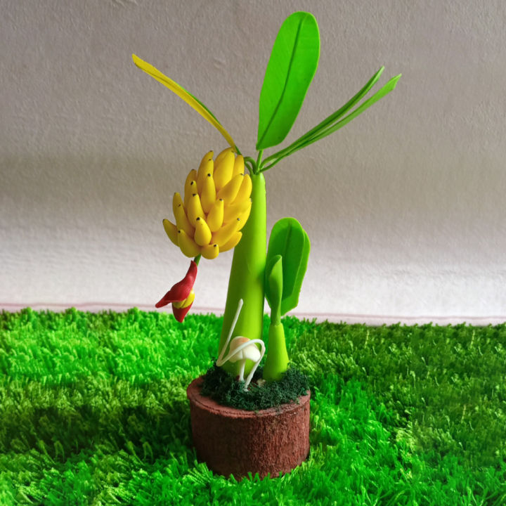 Bonsai Banana Tree Artificial Clay Plants Decoration Interior Showpiece Small Size - (9 inch) - Home Decoration Item