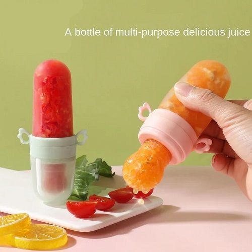 Infant Baby Safety Kids Silicone Feeding Spoon Feeder Food Rice Cereal Bottle Essential (2 in 1 Khichuri Bottle + Fruits Juicer Nipple with Box) - Color as per stock