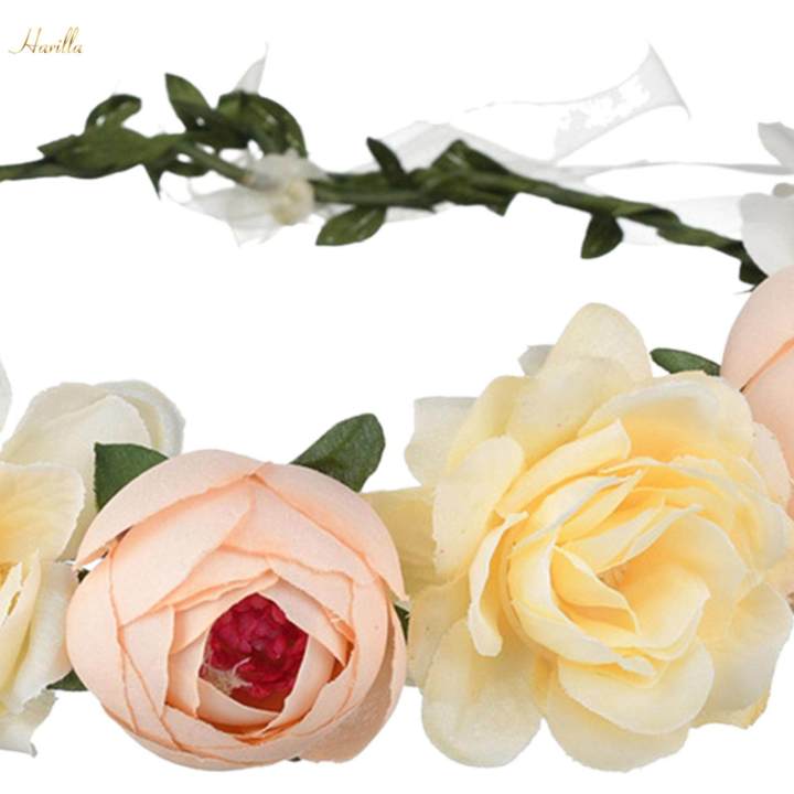 Boho%20Flower%20Crown%20Floral%20Garland%20Headband%20Flower%20Headpiece%20with%20Ribbon%20Champagne%20-%20Image%209