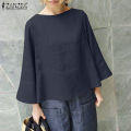 ZANZEA Womens Vintage Cotton Plain Basic Tee Blouse Simple Casual Flare Long Sleeve Tops #8. 
