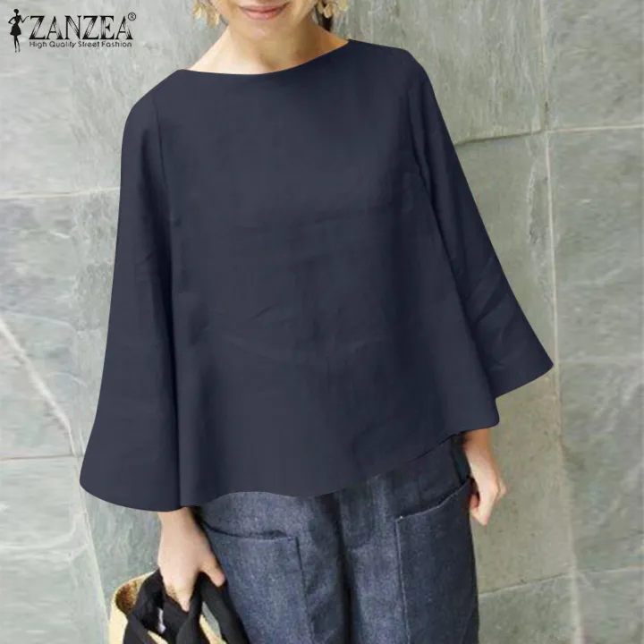 ZANZEA%20Womens%20Vintage%20Cotton%20Plain%20Basic%20Tee%20Blouse%20Simple%20Casual%20Flare%20Long%20Sleeve%20Tops%20#8%20-%20Image%203