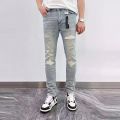 Fashion Men's Ripped Jeans Casual Stretch Denim Pants High Street Slim Fit Light Blue Hip Hop Jeans Streetwear Man's Trousers.