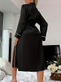 Ladies relax wear Solid Color Breathable Satin Long Dressing Gown with Belt - V-Neck Casual Polyester Nightwear for All Seasons - No Elast.