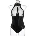 Women Bright Black PVC Leather Bodysuits Choker Necklace Collar Hot Punk Fashion Mesh Catsuit Short Jumpsuits. 