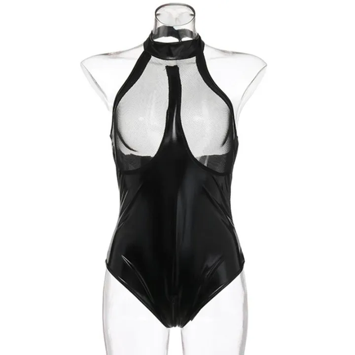 Women%20Bright%20Black%20PVC%20Leather%20Bodysuits%20Choker%20Necklace%20Collar%20Hot%20Punk%20Fashion%20Mesh%20Catsuit%20Short%20Jumpsuits%20-%20Image%205