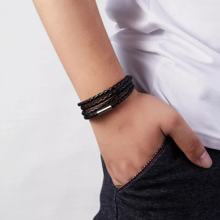 Classic%20Mens%20Jewellery%20Black%20Braided%20Leather%20Handmade%20Bracelet%20Men%20Stainless%20Steel%20Clasps%20Bracelets%20-%20Image%202