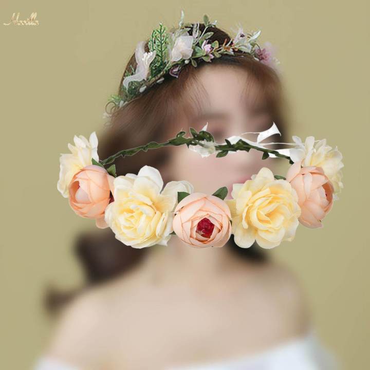 Boho%20Flower%20Crown%20Floral%20Garland%20Headband%20Flower%20Headpiece%20with%20Ribbon%20Champagne%20-%20Image%206