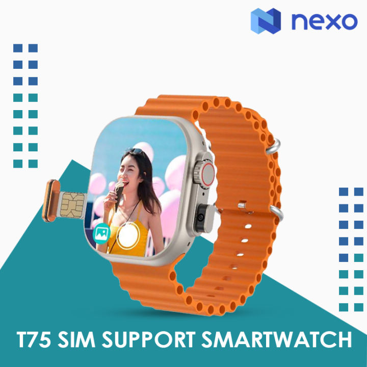 Sim Support T75 Smart Watch with SIM Card Slot, Bluetooth Calling, Fitness Tracker, Camera, Game, and App Sync – Stylish Touchscreen Smart Call Watch for Men Women