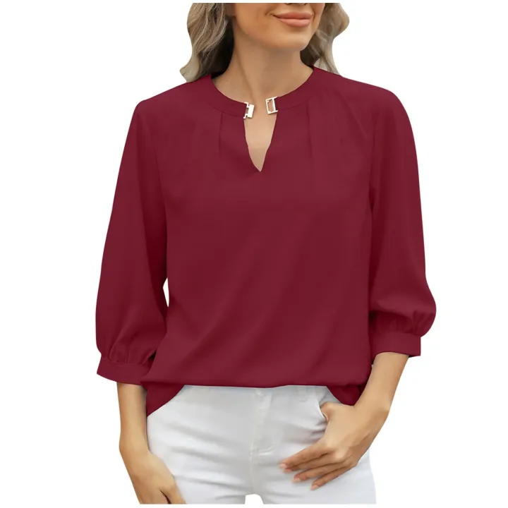 Female%20cloths%20Tops%20for%20Women%20Trendy%20Casual%20Basic%20T%20Shirts%20Light%20weight%2034%20Sleeve%20Solid%20V%20Neck%20Tees%20Blouses%20Clearance%20Sales%20-%20Image%204